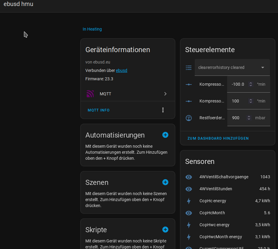 Dashboard der Heimsysteme: Geräteinformationen, Automatisierungen, Sensoren (dunkles Theme)