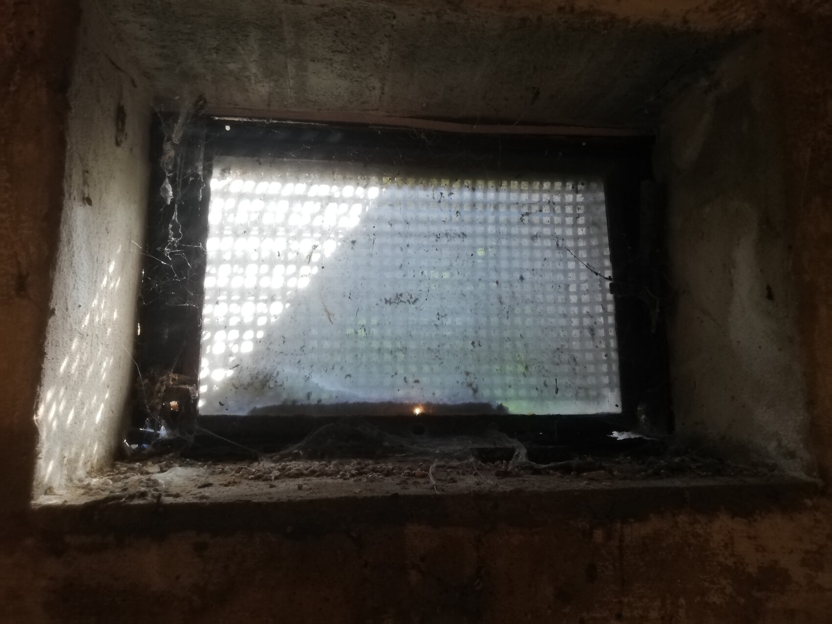 Verstaubtes Fenster mit Drahtgitter, Spinnweben und Staub im Rahmen; Licht von außen.