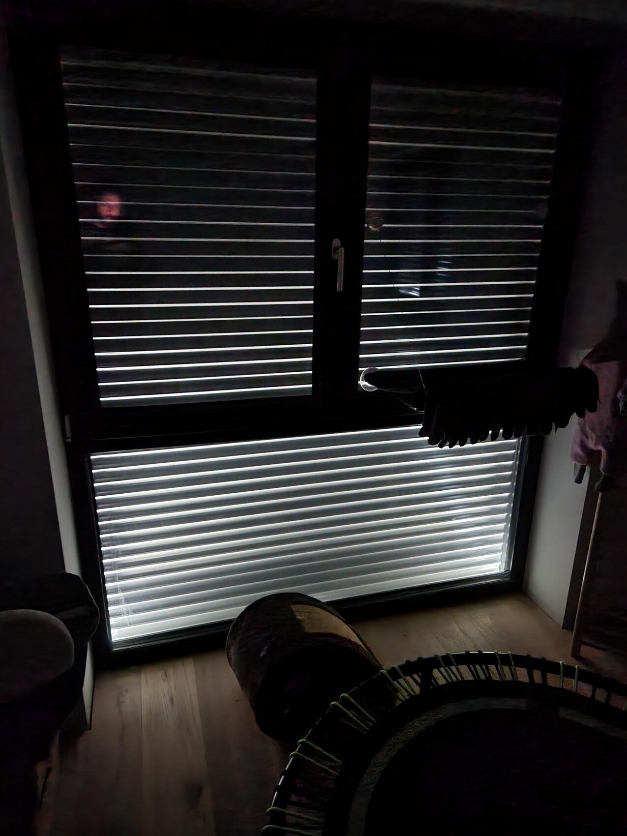Dunkler Raum mit Fensterjalousien, wenig Licht von außen; runder Gegenstand im Vordergrund.