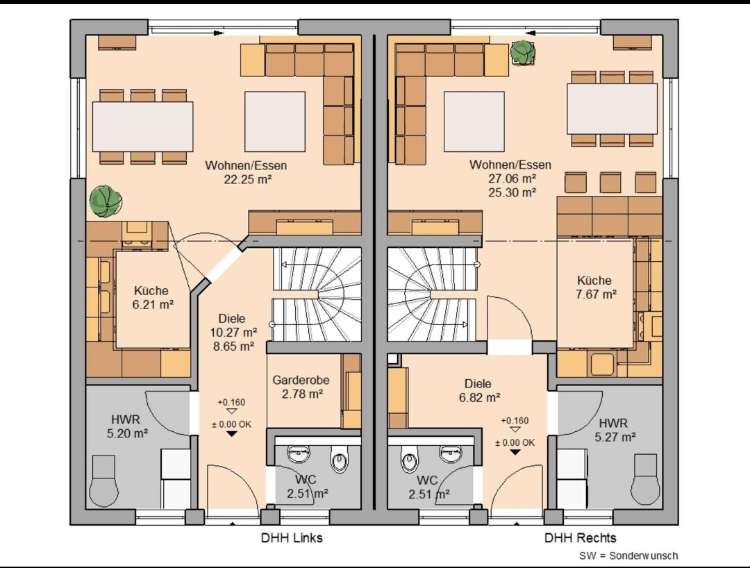 Grundriss einer Doppelhaushälfte mit zwei spiegelverkehrten Wohnungen: Küche, Wohnen, Diele, HWR, WC.