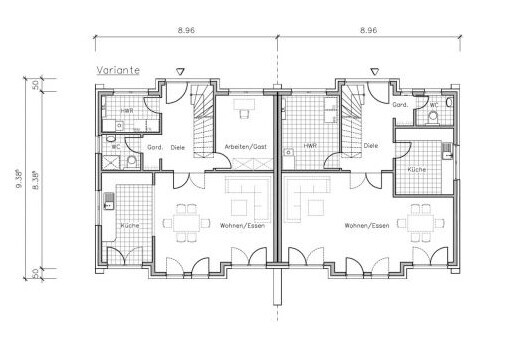 Doppelhaushälfte Grundriss: zwei identische Wohnungen mit Küche, Wohnen/Essen, Diele, Garderobe, WC.
