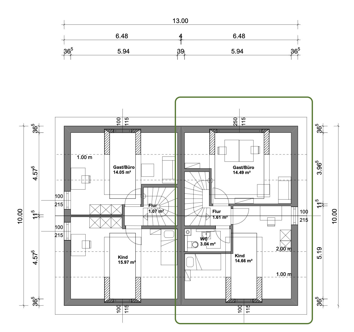 Doppelhaushälfte Grundriss: zwei Wohnungen mit Flur, Gast/Büro, Kind, WC.