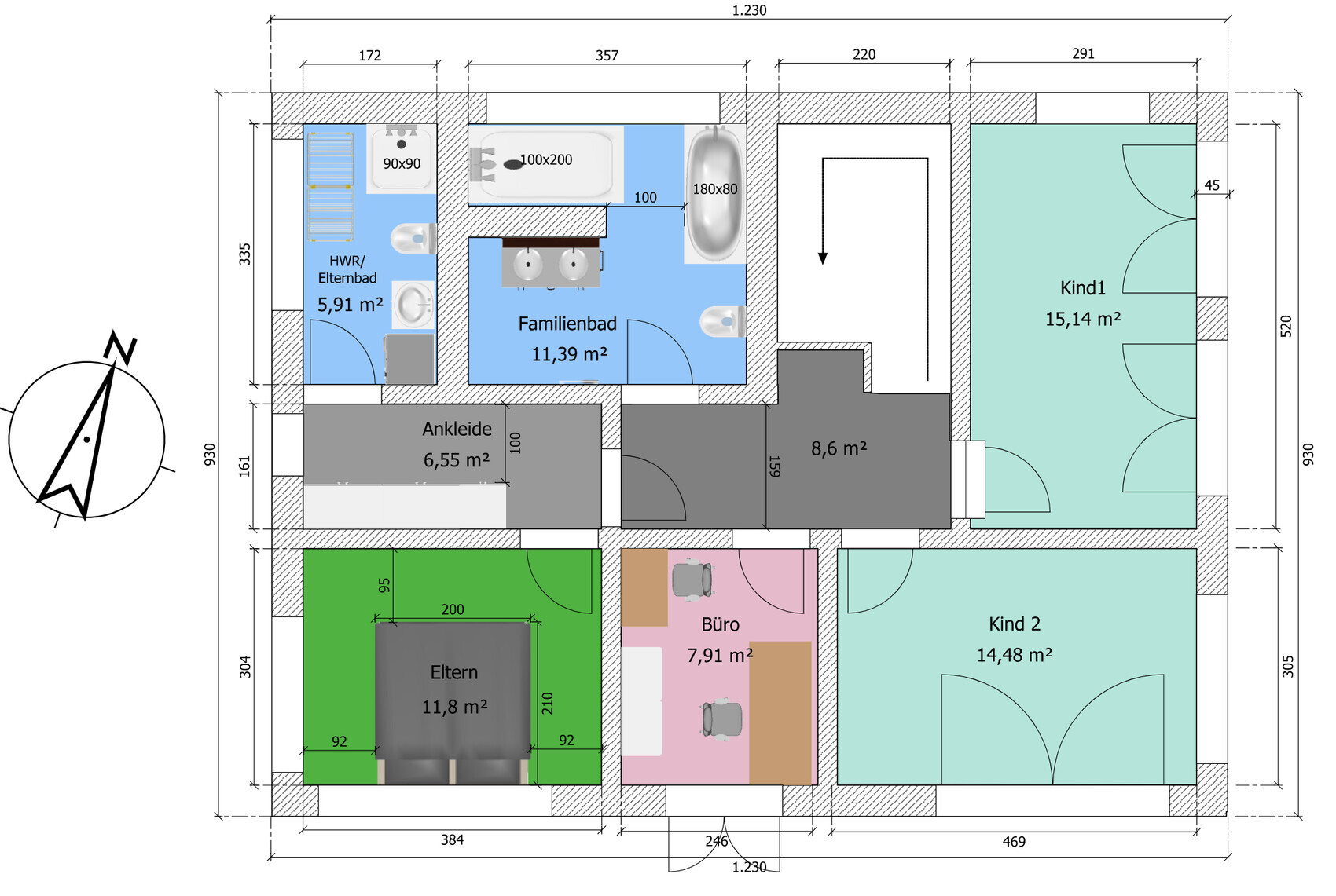 Grundriss eines Hauses: Elternzimmer, Kind 1, Kind 2, Büro, Ankleide, Familienbad, HWR.