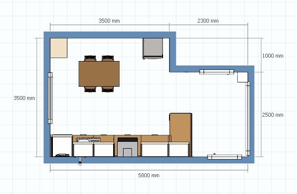 Offener Wohn- und Essbereich mit Esstisch, Stühlen, Küchenzeile und Sofa – Grundriss.