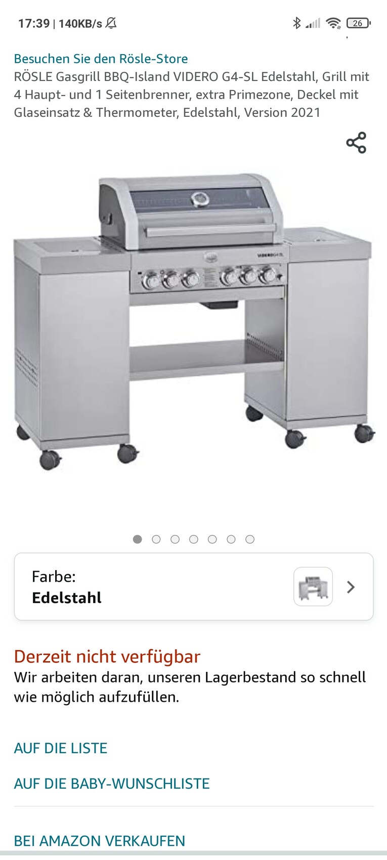 Edelstahl-Gasgrill mit Deckel, Thermometer, 4 Hauptbrenner, Seitenbrenner