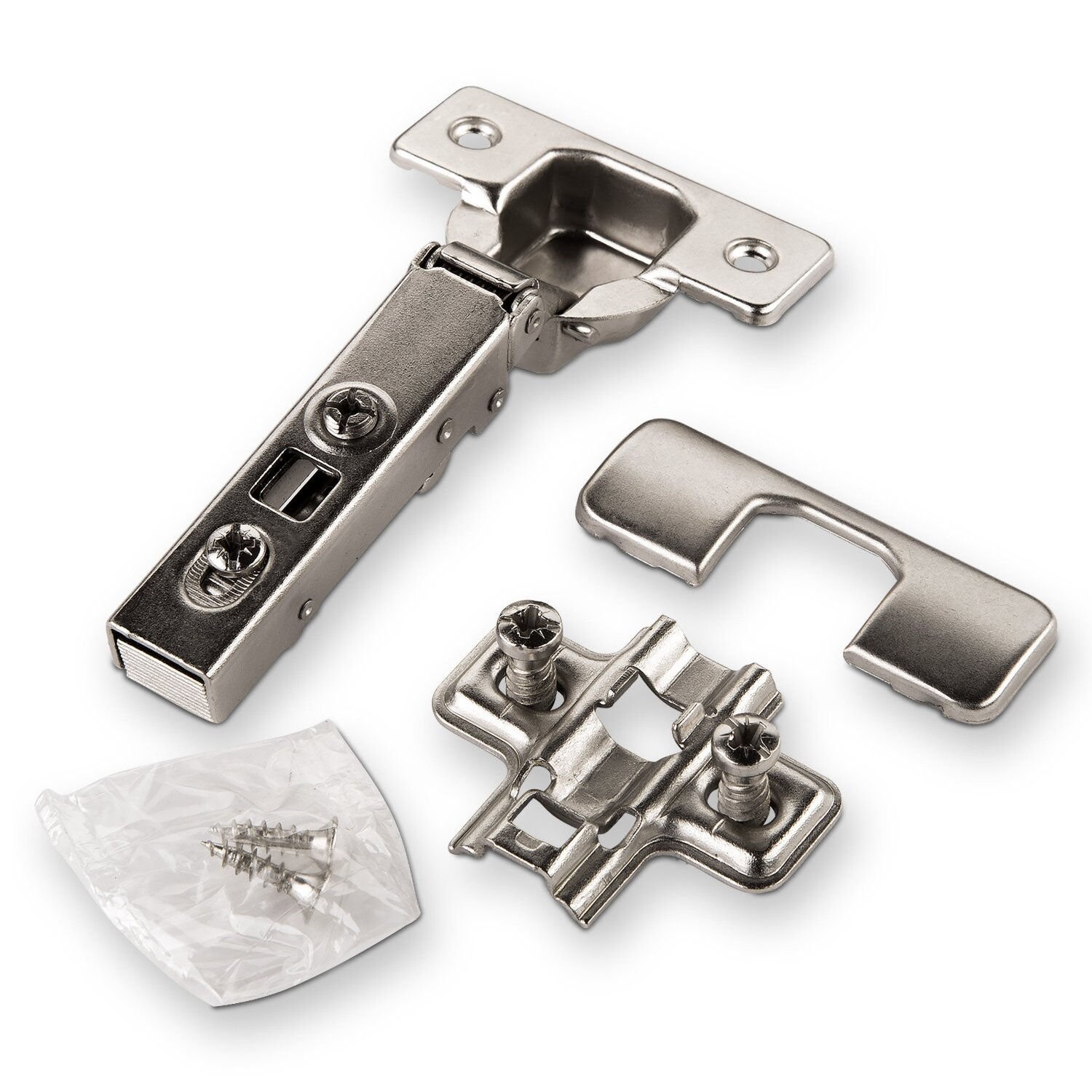 Zerlegtes Möbel-Scharnier-Set aus Metall mit Arm, Montageplatten, Abdeckkappe und Schrauben