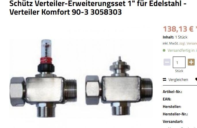 Zwei Edelstahl-Verteiler-Verschraubungen mit Gewindeanschlüssen, Teil eines Verteiler-Komfort-Sets