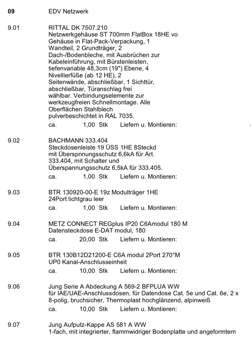 EDV-Netzwerk-Katalogseite mit 9.01–9.07: Gehäuse, Leisten, Module, Montageservice.