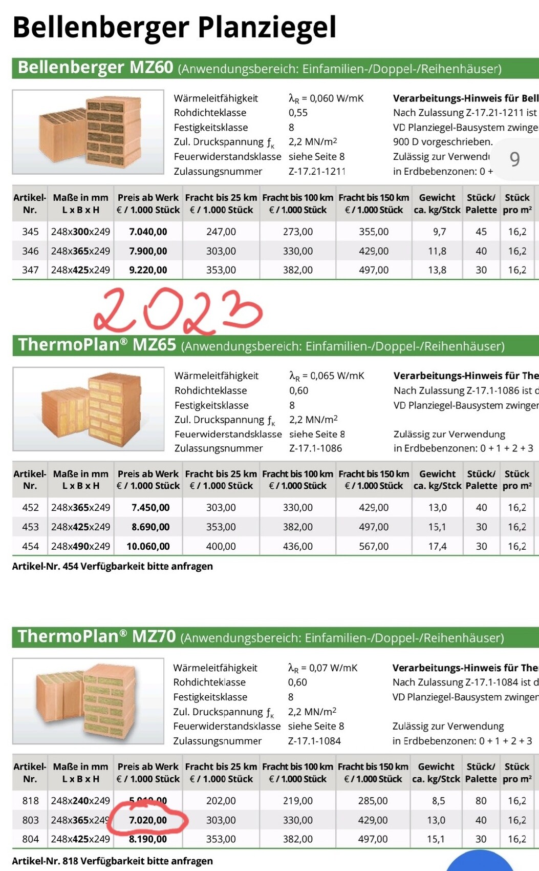 Bild zeigt Produktdatenblätter zu Bellenberger Planziegel MZ60 und ThermoPlan MZ65/MZ70 mit Tabellen