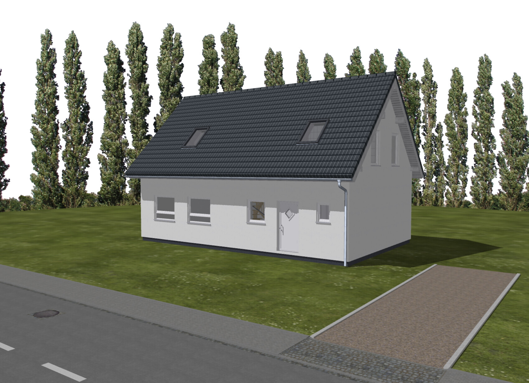 Weißes Einfamilienhaus mit dunklem Satteldach, zwei Dachfenstern, Eingangstür und Garten.