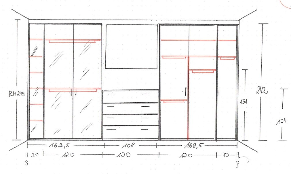 Skizzierter Einbauschrank mit Regalen und Schubladen als Innenausbau-Plan.