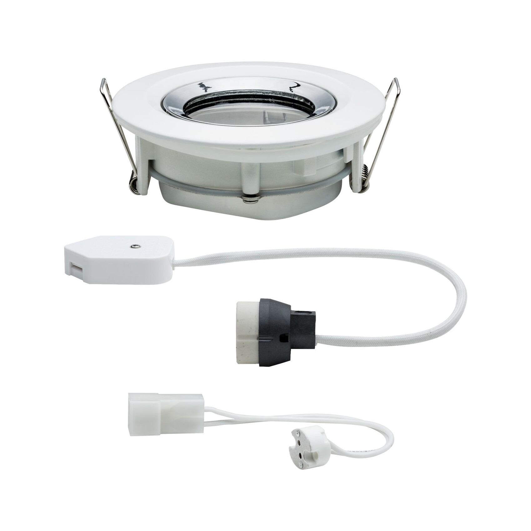 Weißes rundes Einbau-Downlight mit Clips, Kabel und Steckverbindungen.
