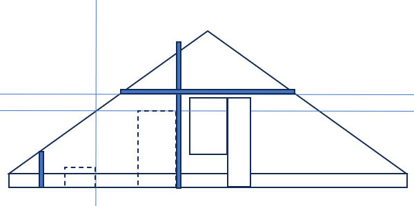 Schematische Seitenansicht eines Hauses mit Satteldach, Innenwänden und Fenstern.