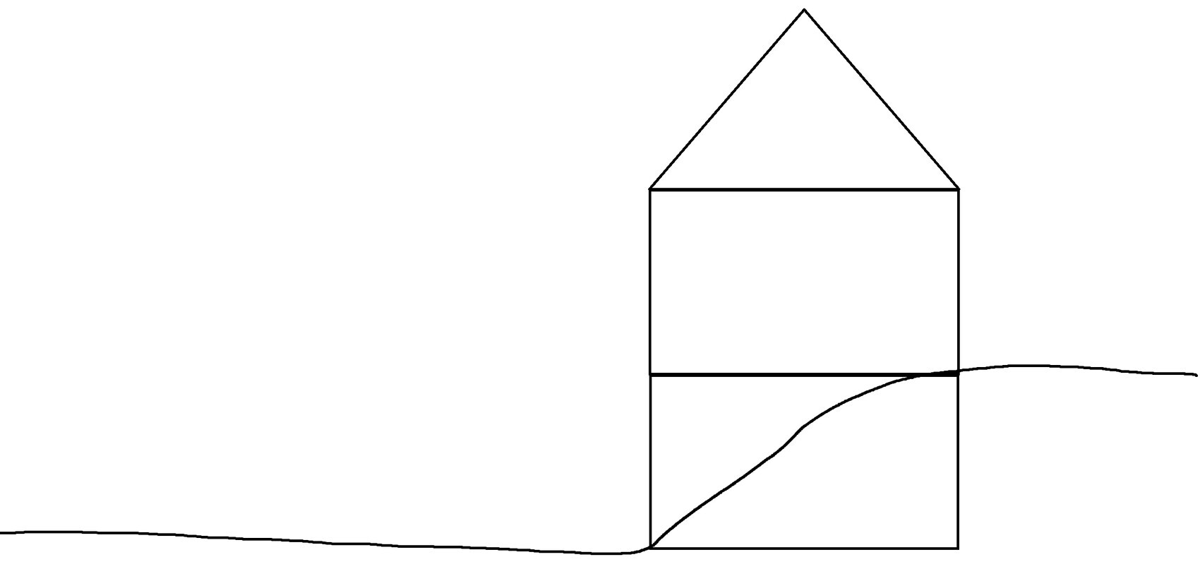 Skizzenhaus mit Spitzdach und zwei Ebenen; eine geschwungene Linie zieht durch den unteren Bereich.