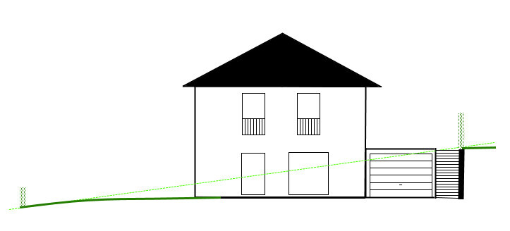 Schematisches zweistöckiges Haus mit Garage rechts; grüne Linien zeigen Gelände- und Höhenverlauf.