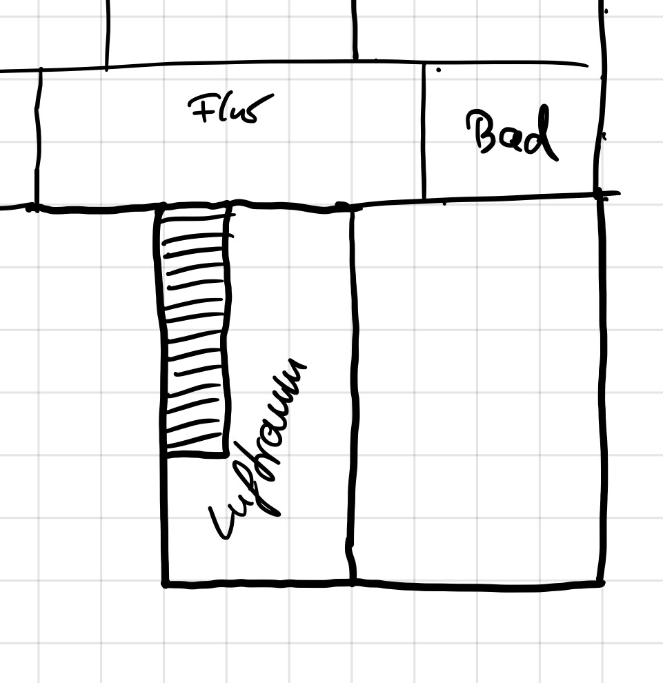 Grundriss-Skizze: Flur oben, Bad rechts, Wohnzimmer unten links mit Treppe.