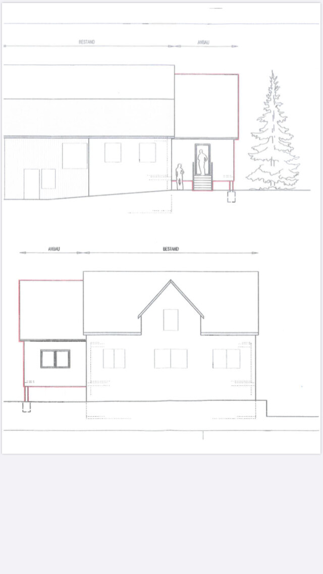 Architektenentwurf: Vorder- und Seitenansicht eines Hauses mit Anbau; Baum rechts.