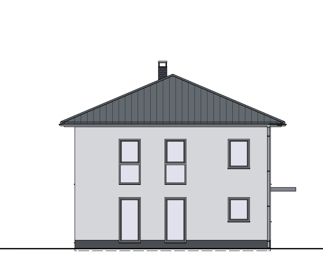 Zweistöckiges Haus: graue Fassade, dunkles Satteldach, Kamin, mehrere Fenster und Türen.