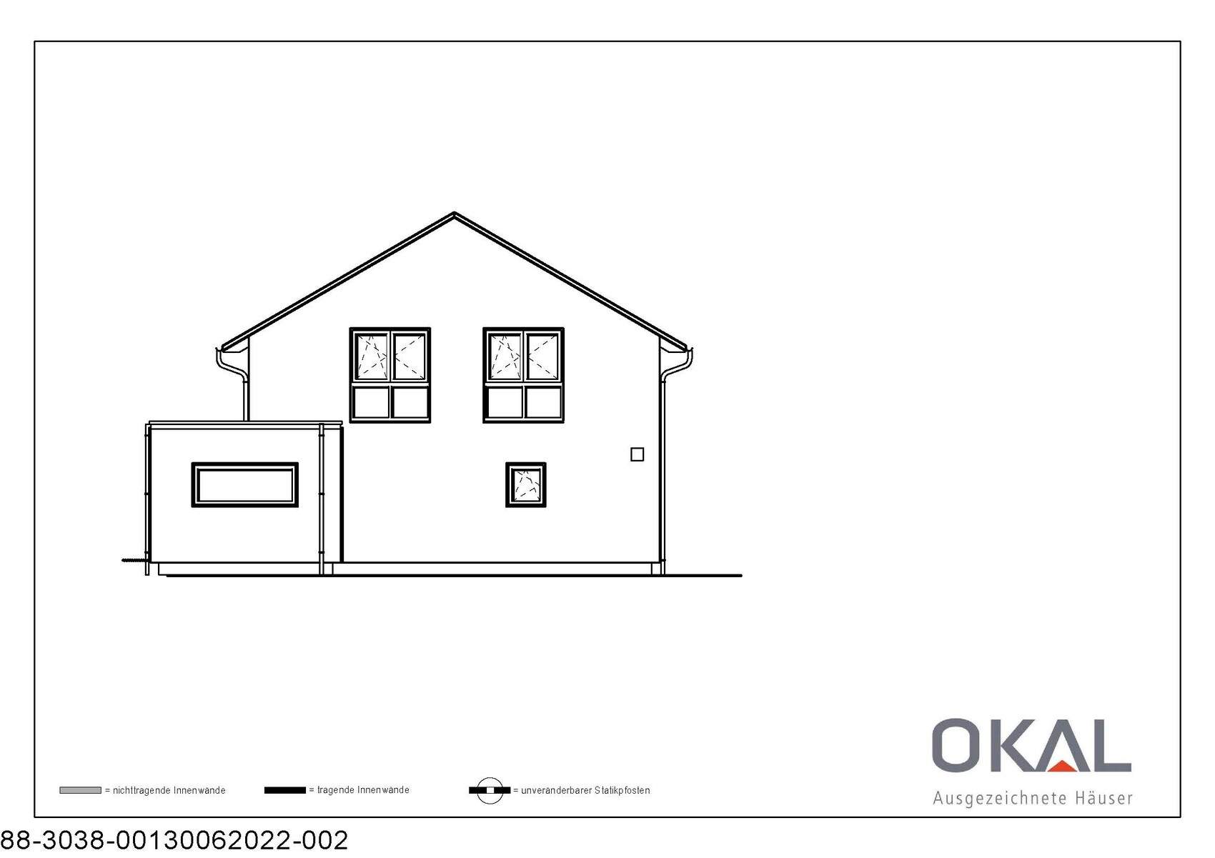 Technische Zeichnung eines Hauses mit Anbau, Fenstern und OKAL-Logo.