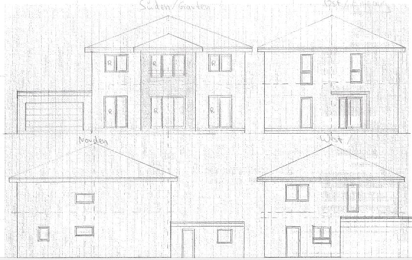 Architekten-Skizze eines zweigeschossigen Wohnhauses mit Garage, Türen und Fenstern
