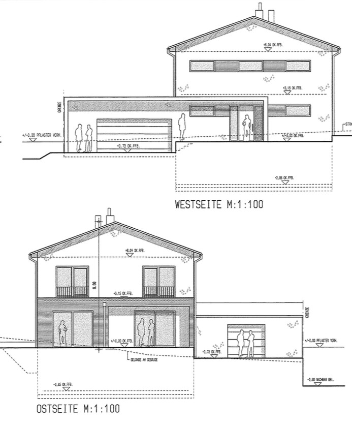 Architektenzeichnung einer Einfamilienhaus-Fassade, West- und Ostseite mit Garage