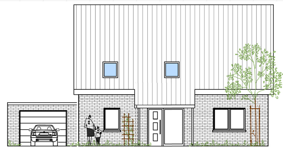 Zweistöckiges Haus mit Metall-Dach, Garage, Eingang, zwei Fenster, Garten und zwei Personen davor