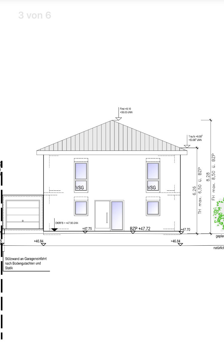 Frontansicht eines Einfamilienhauses als Architekturzeichnung mit Dach, Fenstern und Eingangstür