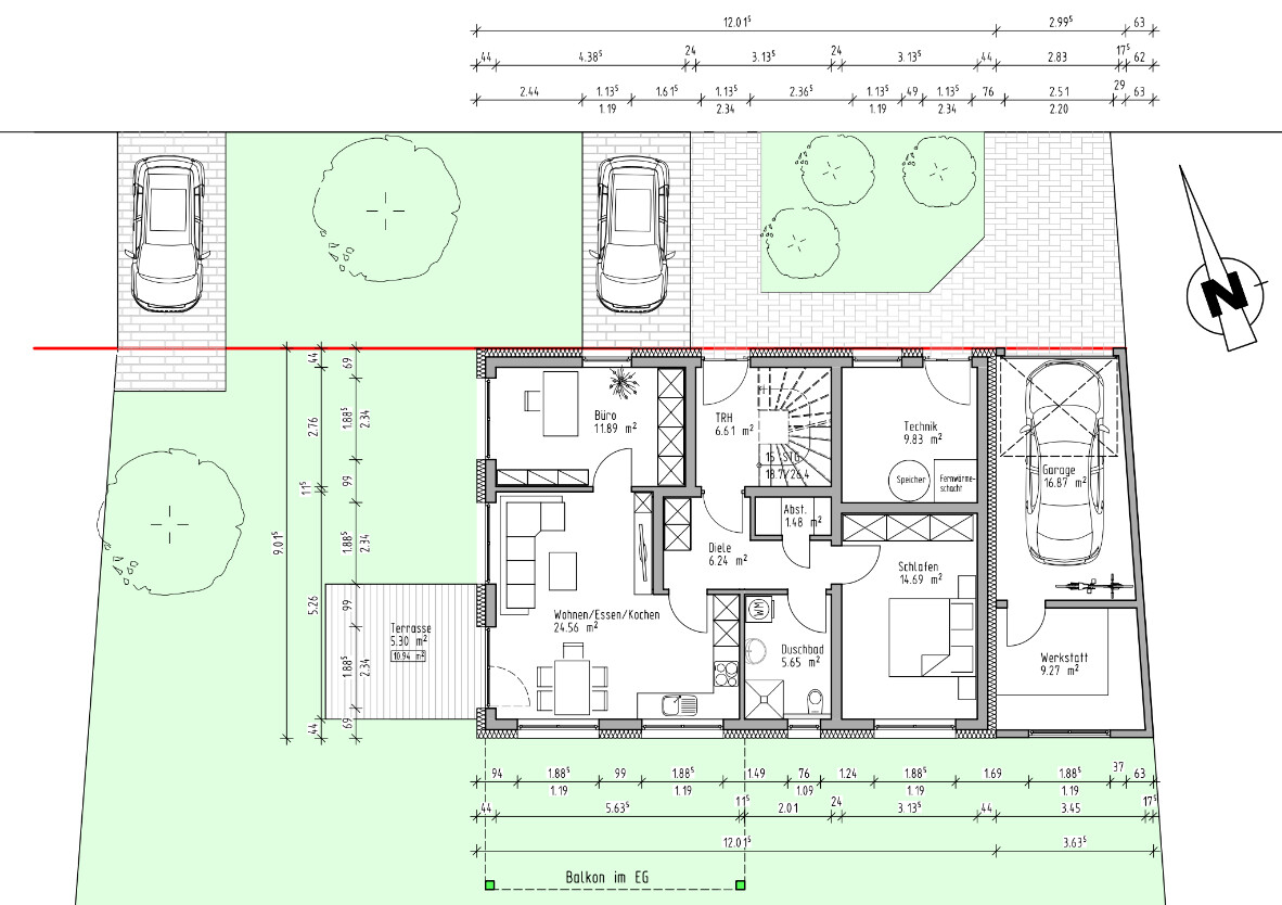 Grundriss eines Hauses: Wohnraum, Küche, Schlafzimmer, Bad, Garage, Garten und Terrasse.
