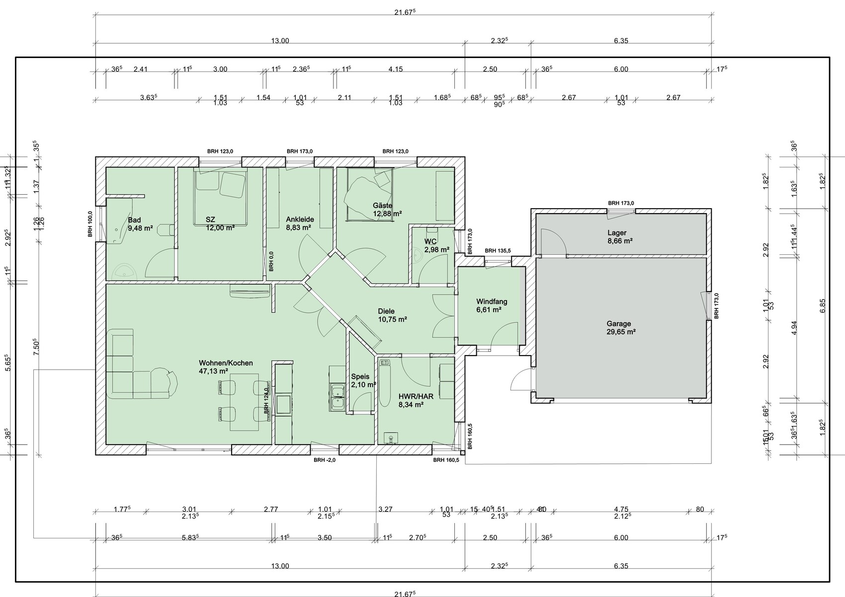 Grundriss eines Einfamilienhauses: Wohnen/Kochen, Bad, SZ, Ankleide, Gäste, Diele, Speis, HWR, Windfang, WC, Lager, Garage.
