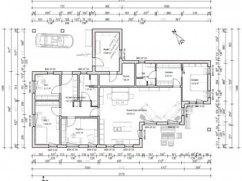 Architekten-Grundriss eines Einfamilienhauses mit Wohnzimmer, Küche, Schlafzimmer und Bad.