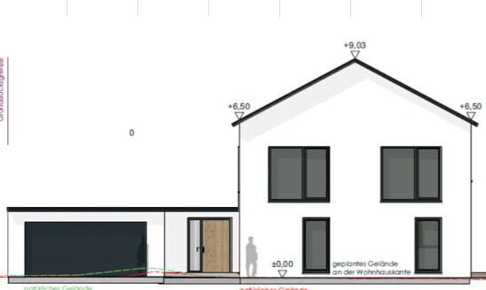 Außenansicht eines zweigeschossigen Hauses mit Garage links, Eingangsbereich und Fenstern.