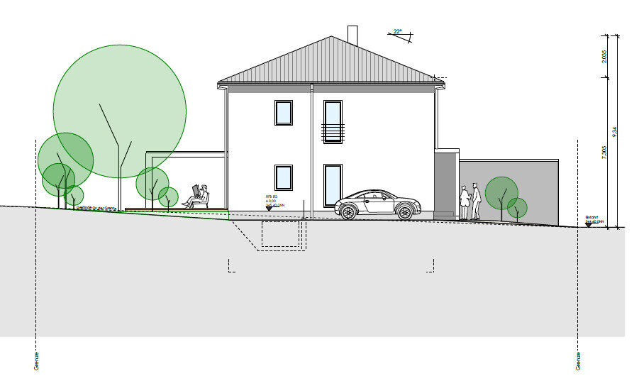 Außenansicht eines Einfamilienhauses mit Garten, Auto und Bäumen als Planzeichnung