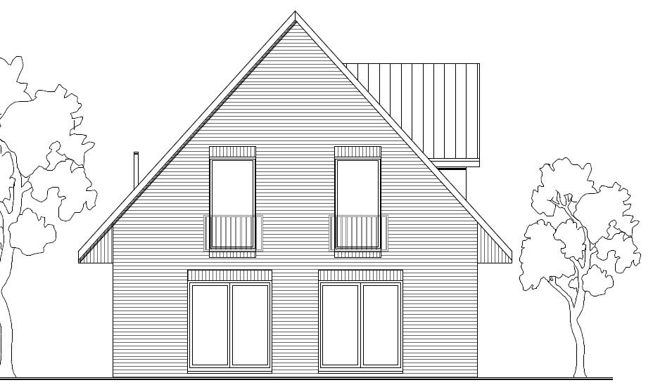 Schwarz-weiße Skizze einer Hausfassade mit Satteldach, Fenstern und Bäumen