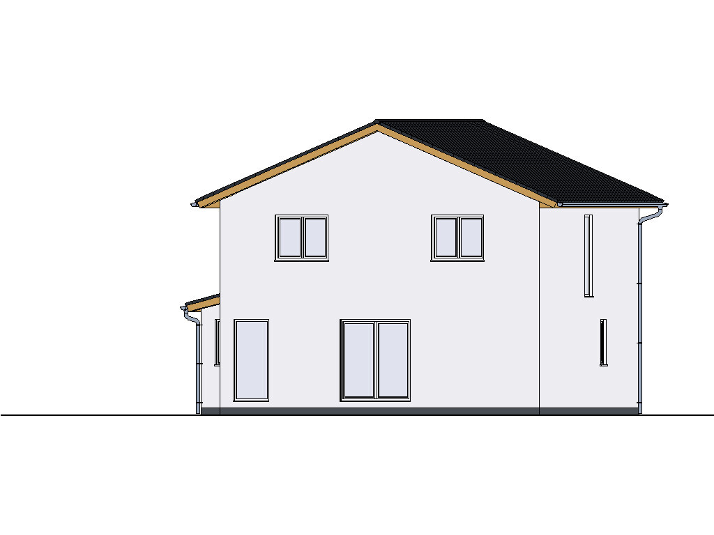Zweistöckiges Haus mit heller Fassade, dunklem Satteldach und vielen Fenstern.