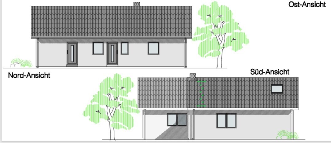 Nord-, Ost- und Südansicht eines Hauses mit Dachziegeln, Fenstern, Türen und Bäumen.