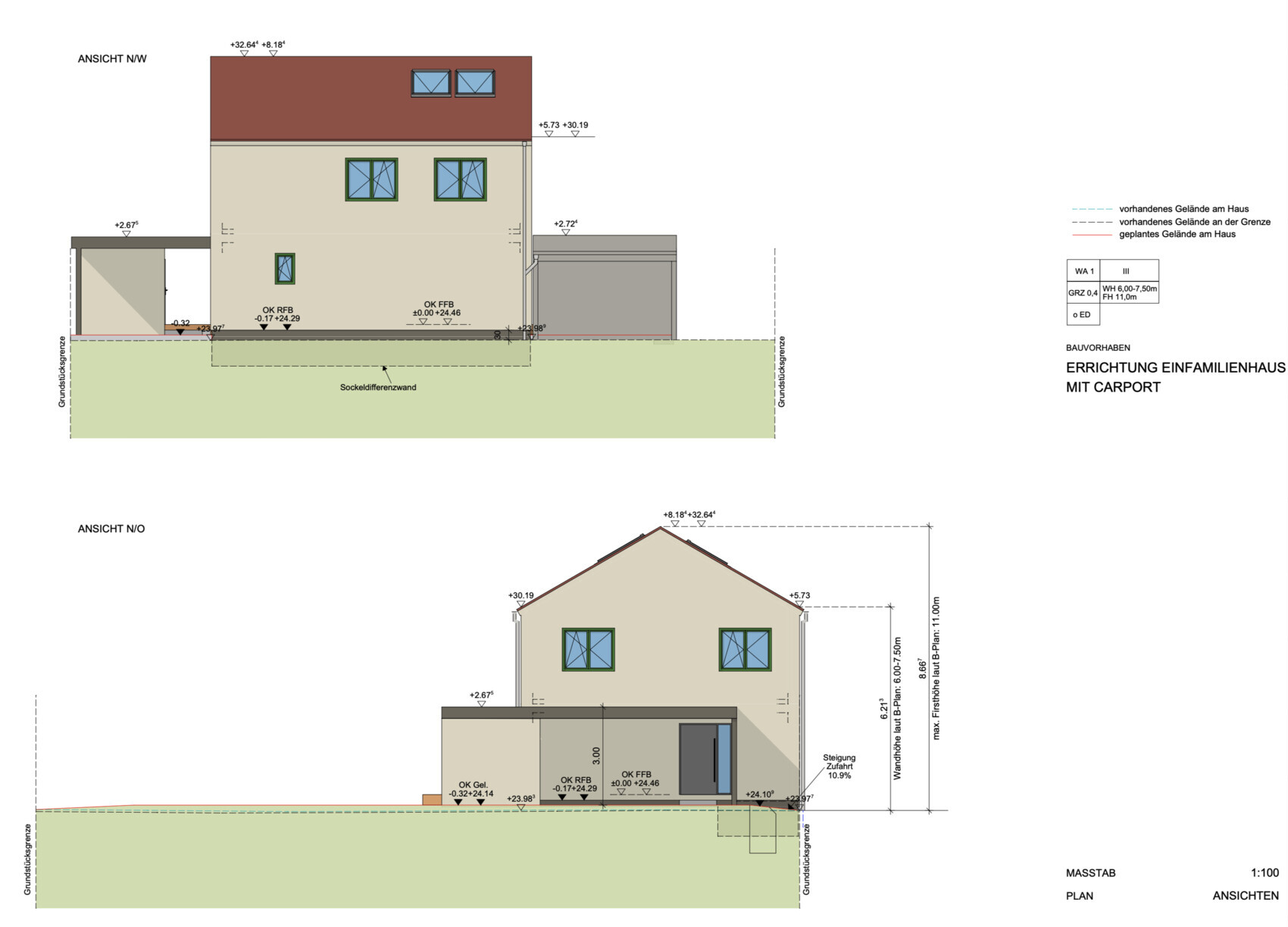 Ansichten N/W und N/O eines Einfamilienhauses mit Carport; zweigeschossige beige Fassade.
