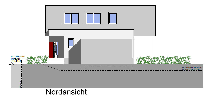 Nordansicht eines modernen Hauses mit Treppe, roter Tür, Person am Eingang und Gartenhecken.