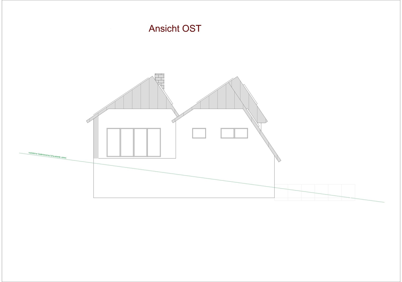 OST-Ansicht eines Hauses mit zwei Satteldächern, Fenstern und Kamin