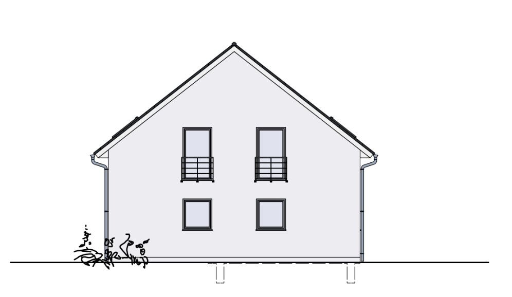 Zweistöckiges Haus mit Satteldach, vier Fenstern (zwei oben mit Geländern), linke Sträucher.