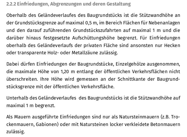 Technischer Text zu Einfriedungen, Abgrenzungen und deren Gestaltung in Bauvorschrift.