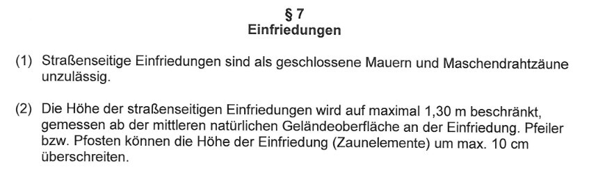 Dokument mit Abschnitt Einfriedungen und Regeln zu Zaunhöhe