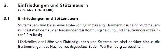 Seitenansicht eines Dokuments: Abschnitt Einfriedungen und Stützmauern mit Rechtsverweisen.