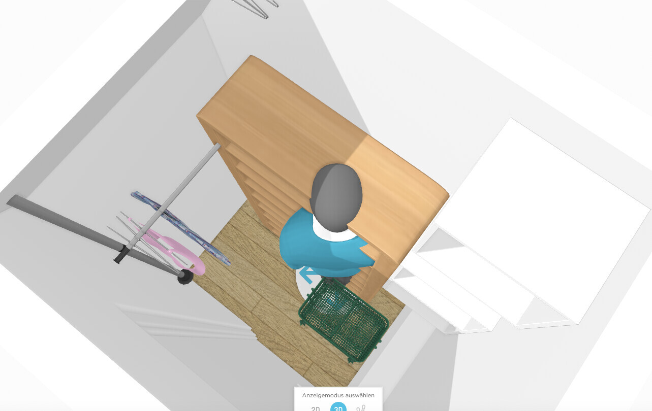 3D-Büro-Szene: Person in blauem Oberteil sitzt am Holztisch, Kleiderständer links, grüner Stuhl.