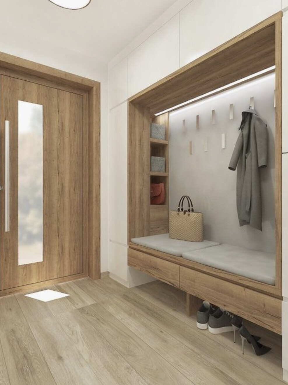 Moderner Eingangsbereich mit Holztüren, Sitzbank und Garderobe.