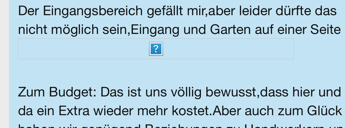 Screenshot mit Text über Eingangsbereich und Garten, blauer Hinweisbox mit Fragezeichen