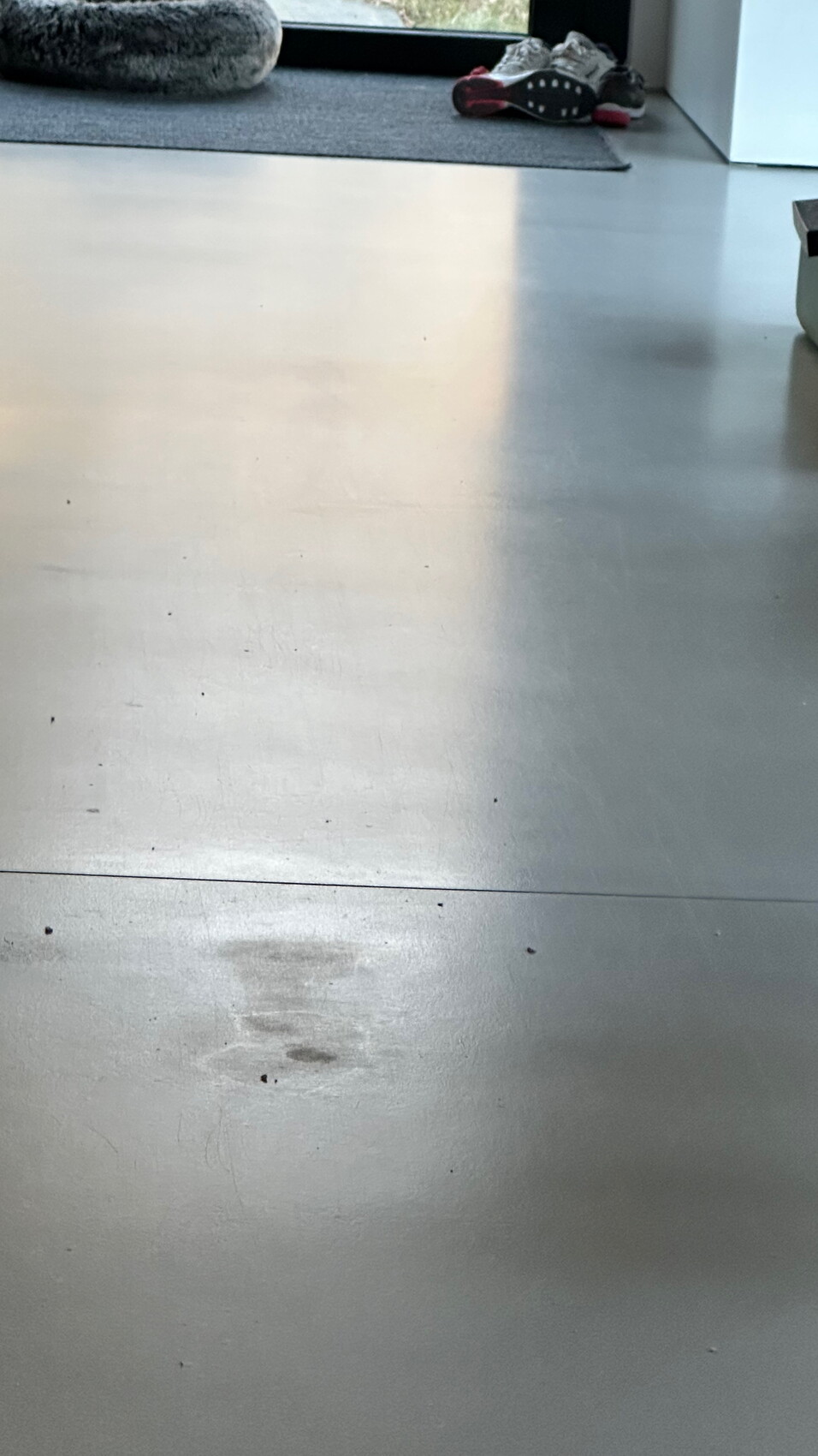 Heller, glänzender Fliesenboden im Eingangsbereich; Schuhpaar liegt neben einer Matte.
