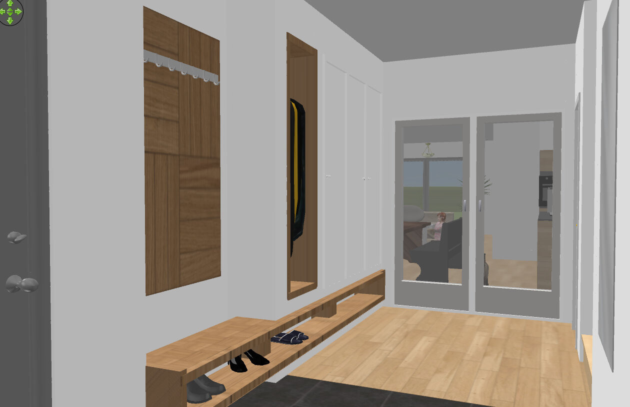 Heller Flur mit Garderobe, Schuhbank und Glastüren zum Wohnzimmer.