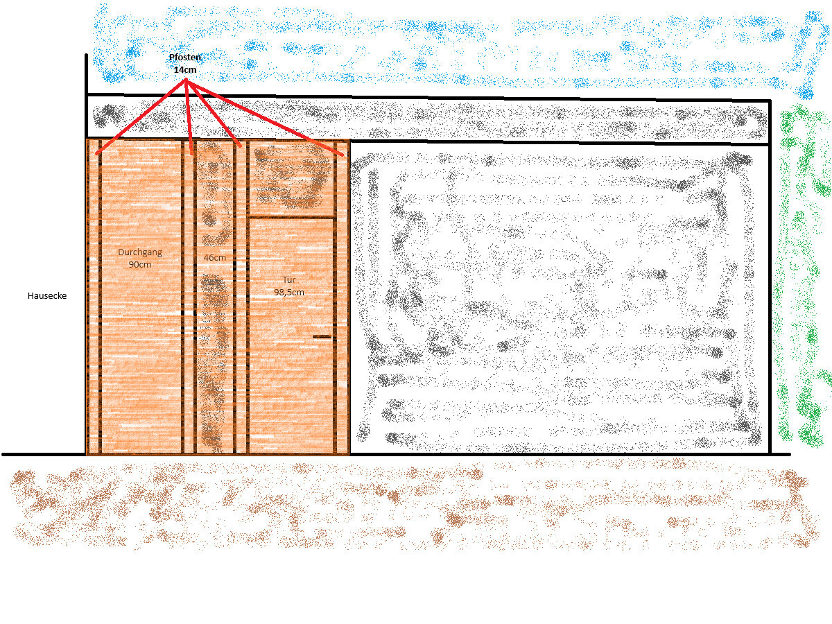 Skizze eines Innenraum-Layouts mit Tür, Durchgang, Pfosten (14 cm) und Maßen 90/46/98,5 cm.