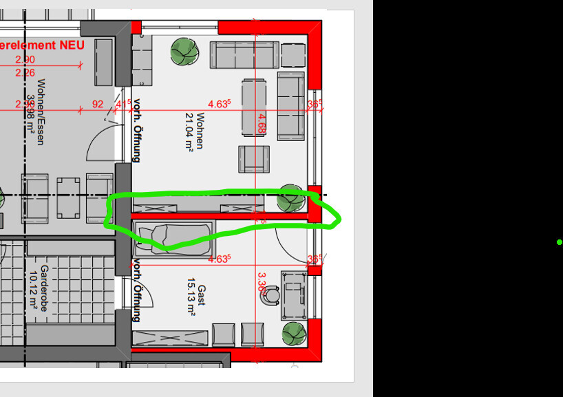 Grundriss eines Wohn- und Essbereichs mit Gastzimmer; grüne Markierung eines Durchgangs.
