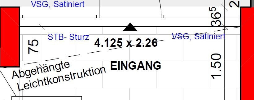 Grundrissplan mit Eingangsbereich und abgehängter Leichtkonstruktion, Maße 4.125 x 2.26